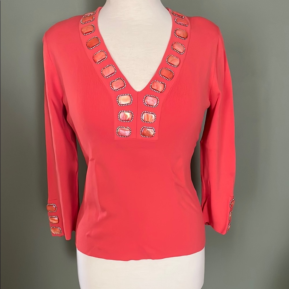 Chico's Coral Embellished V-Neck Top